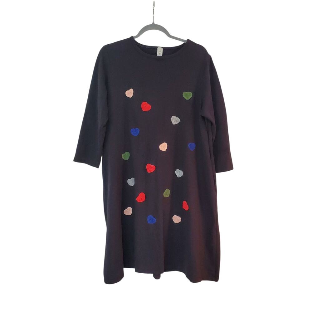 158C Made in Italy Black Colorful Fuzzy Hearts Relaxed Shift Dress, Size Large